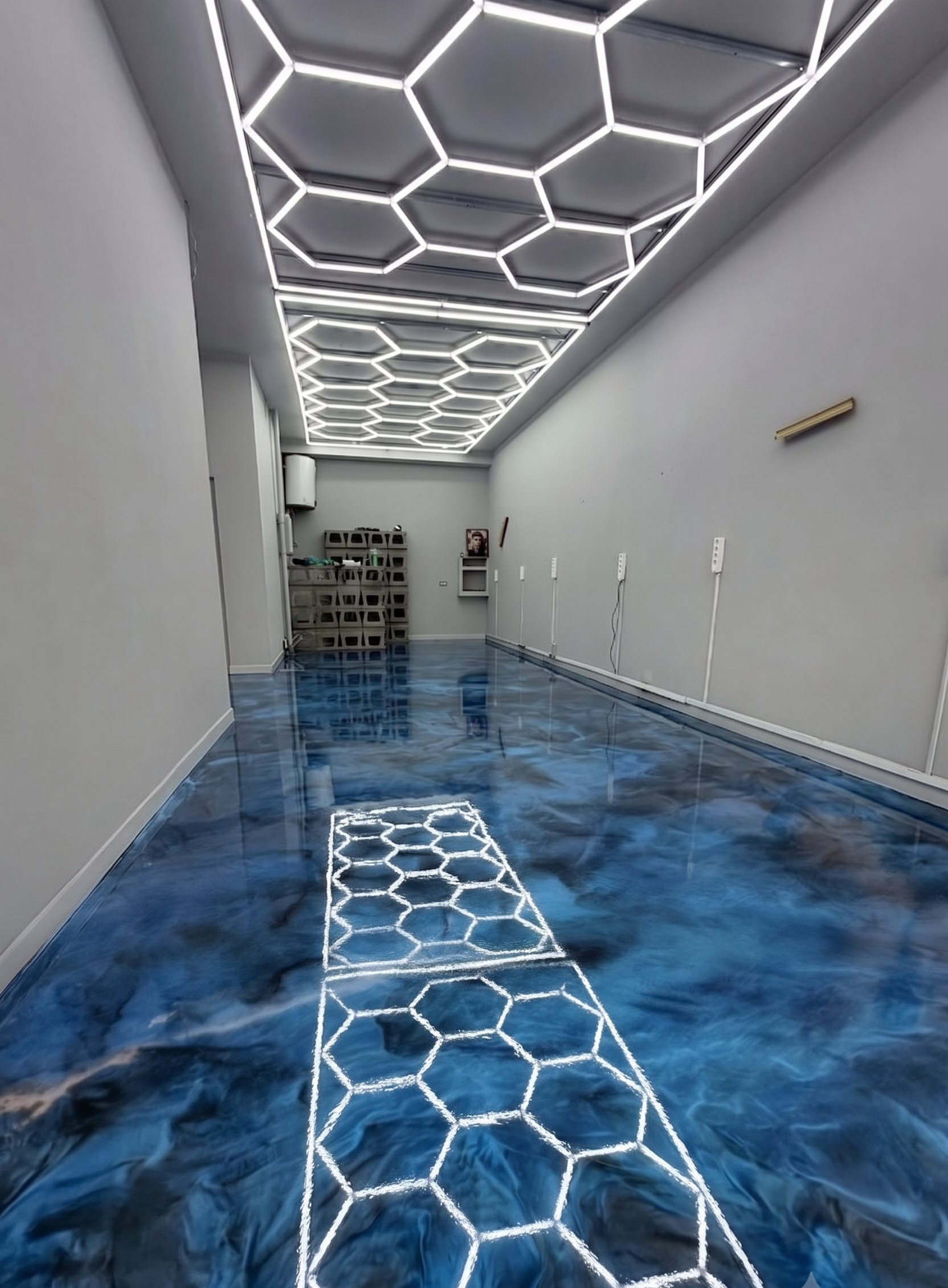 Garage metallic blue epoxy with hexagonal design